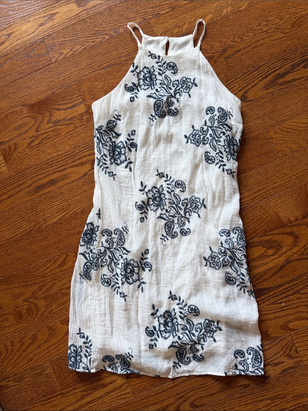 I.N. San Francisco White Mini Dress with Navy Floral Embroidery